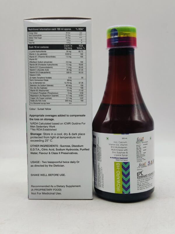 IROWARD-HB (Iron, Calcium, Vitamin D3, Vitamin B12, Multivitamin, Multimineral With Zinc Sulphate & L-Lysine Syrup) | Edward Young Labs
