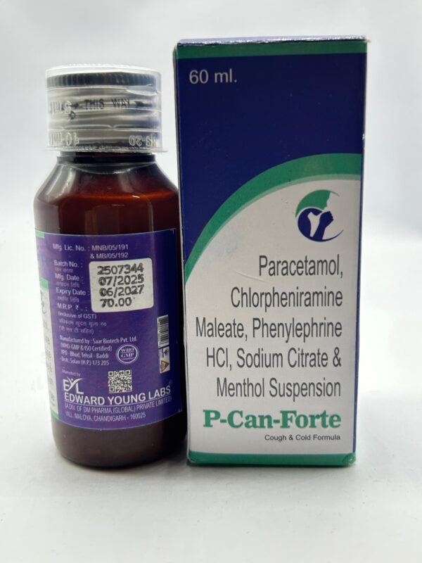 P-CAN-FORTE (Paracetamol, Chlorpheniramine Maleate, Phenylephrine HCI, Sodium Citrate & Menthol Suspension) | Edward Young Labs